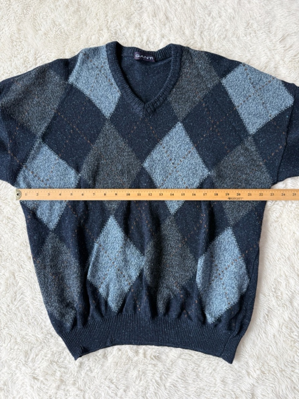 VTG 90s 80s Men Blue Wool Argyle Fisherman Pullover Sweater LARGE Retro Preppy - Picture 6 of 7